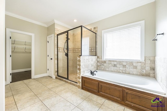 full bath with a garden tub, crown molding, tile patterned flooring, and a shower stall