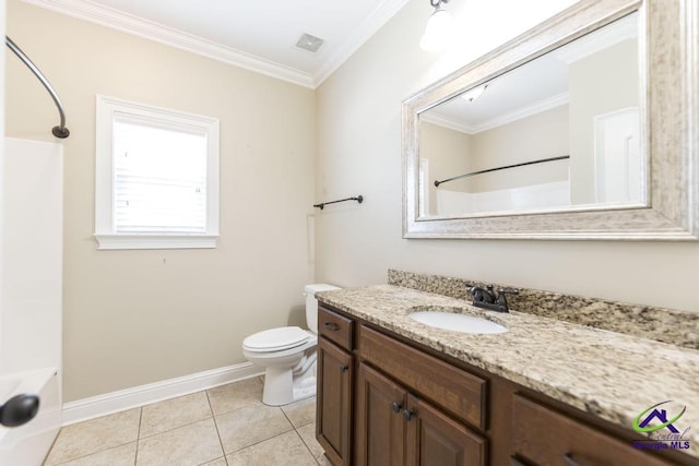 full bath with crown molding, vanity, toilet, baseboards, and visible vents