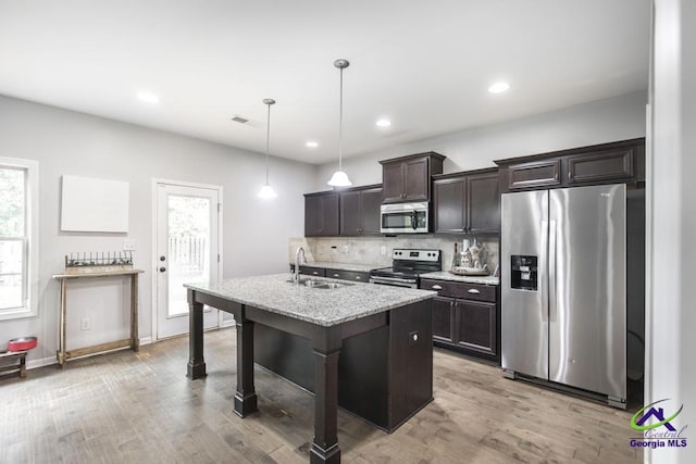 kitchen featuring dark brown cabinetry, a sink, an island with sink, stainless steel appliances, and backsplash