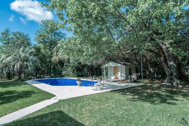 133 Avalon Dr, Warner Robins, GA 31093 - outdoor pool with a lawn, an outdoor structure, a storage shed, and a patio