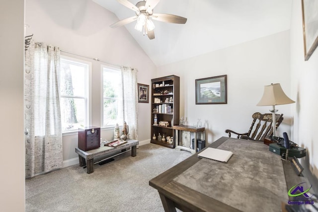 office area featuring baseboards, ceiling fan, carpet, and lofted ceiling
