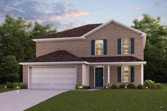 traditional-style house featuring a yard, driveway, and brick siding