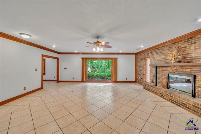 124 Joy Dr, Warner Robins, GA 31088 - unfurnished living room with a ceiling fan, baseboards, ornamental molding, and a fireplace