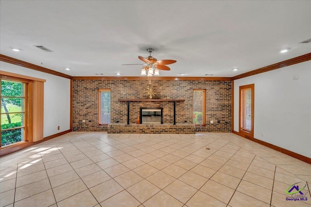 124 Joy Dr, Warner Robins, GA 31088 - unfurnished living room featuring visible vents, a fireplace, baseboards, ceiling fan, and light tile patterned floors