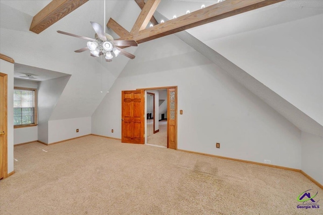 124 Joy Dr, Warner Robins, GA 31088 - bonus room with carpet flooring, a ceiling fan, baseboards, and lofted ceiling with beams