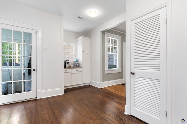 interior space featuring baseboards, visible vents, and dark wood-type flooring