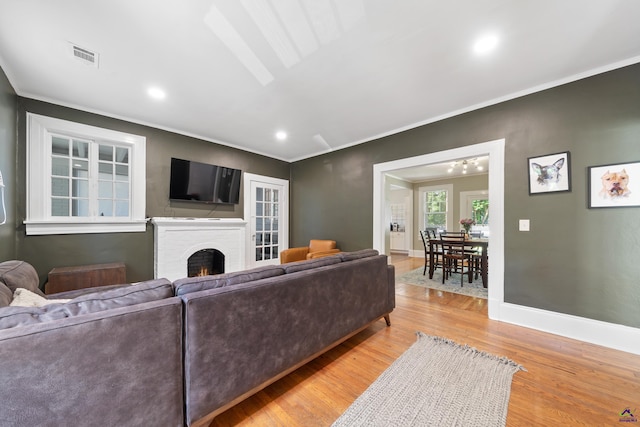 living room featuring baseboards, ornamental molding, a fireplace, and light wood-style flooring