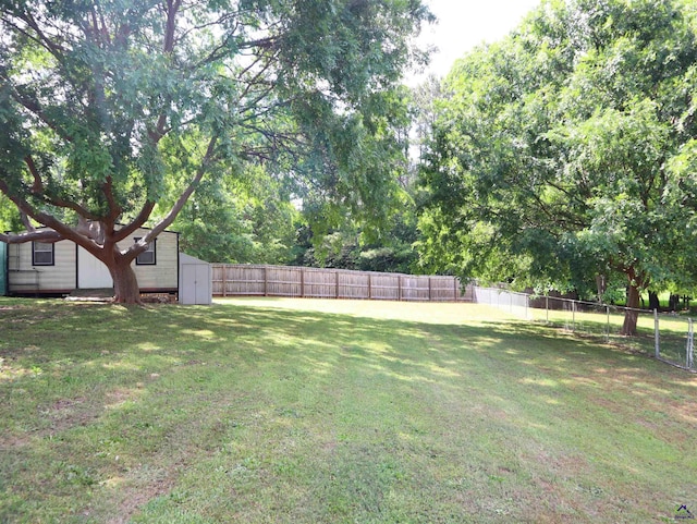 view of yard with a storage shed, an outdoor structure, and a fenced backyard