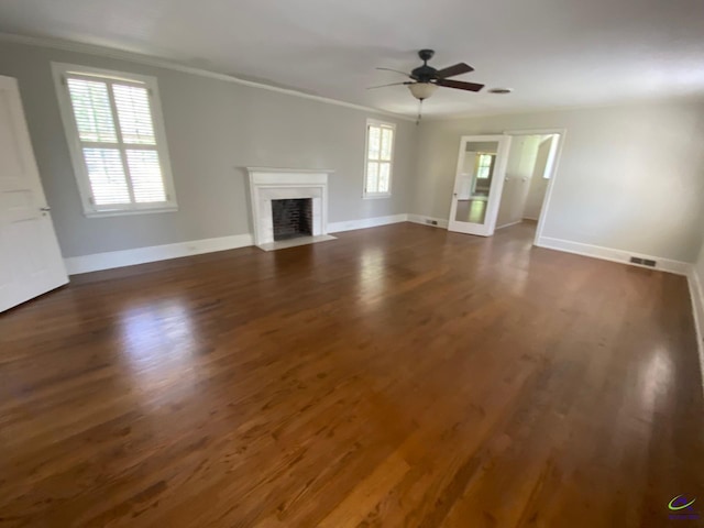 1218 Nottingham Dr, Macon, GA 31210 - unfurnished living room featuring a ceiling fan, visible vents, crown molding, a fireplace with flush hearth, and baseboards