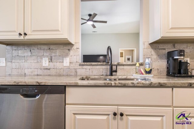 122 Milford Cir, Perry, GA 31069 - kitchen featuring stainless steel dishwasher, decorative backsplash, a ceiling fan, light stone countertops, and a sink