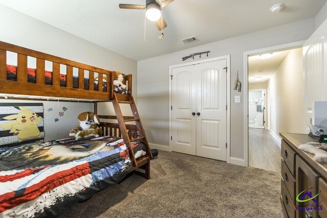 122 Milford Cir, Perry, GA 31069 - bedroom with a ceiling fan, visible vents, baseboards, a closet, and carpet
