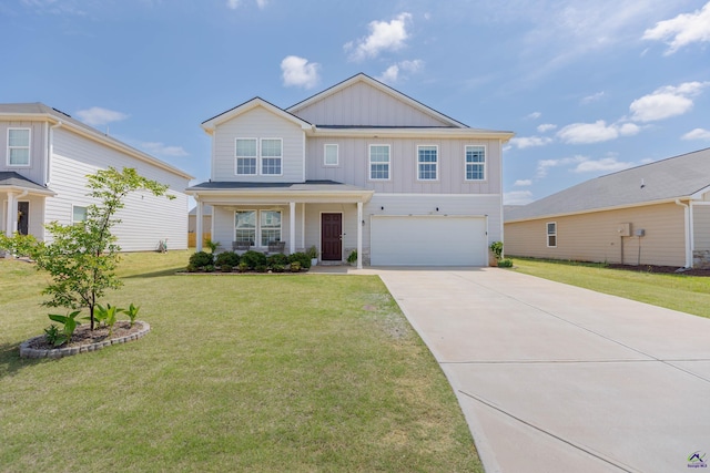 view of front of house featuring a front lawn, board and batten siding, concrete driveway, an attached garage, and a porch