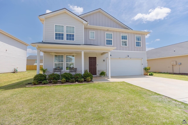 view of front facade with covered porch, a front yard, board and batten siding, concrete driveway, and an attached garage