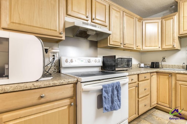 410 Steeplechase Rd, Macon, GA 31216 - kitchen featuring electric range, stainless steel microwave, under cabinet range hood, and light brown cabinets
