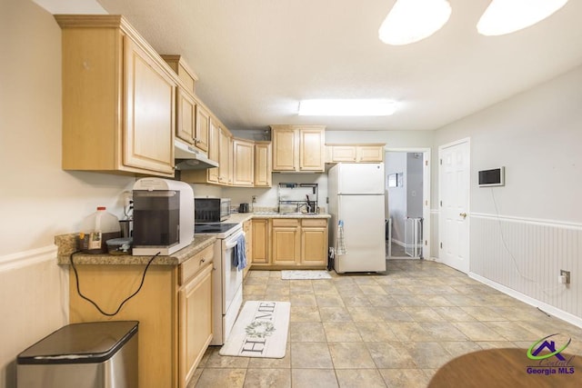 410 Steeplechase Rd, Macon, GA 31216 - kitchen featuring light brown cabinetry, white appliances, light countertops, under cabinet range hood, and a sink