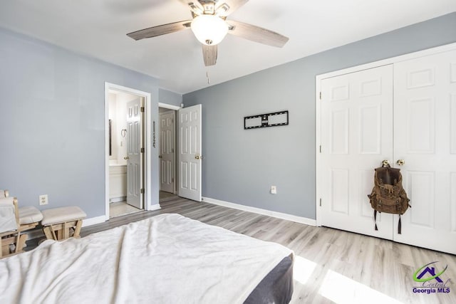 410 Steeplechase Rd, Macon, GA 31216 - bedroom with connected bathroom, ceiling fan, light wood-style floors, baseboards, and a closet