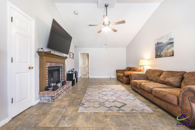 410 Steeplechase Rd, Macon, GA 31216 - living area with a ceiling fan, baseboards, vaulted ceiling, and stone finish floor