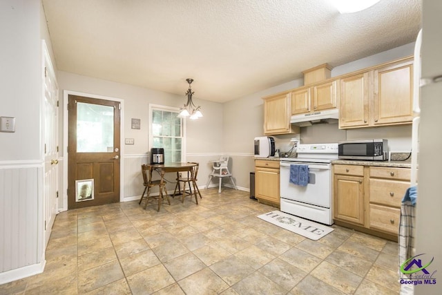 410 Steeplechase Rd, Macon, GA 31216 - kitchen with light countertops, a notable chandelier, light brown cabinets, under cabinet range hood, and white appliances