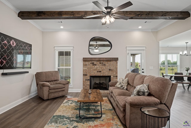 living area with visible vents, ceiling fan with notable chandelier, beam ceiling, and wood finished floors