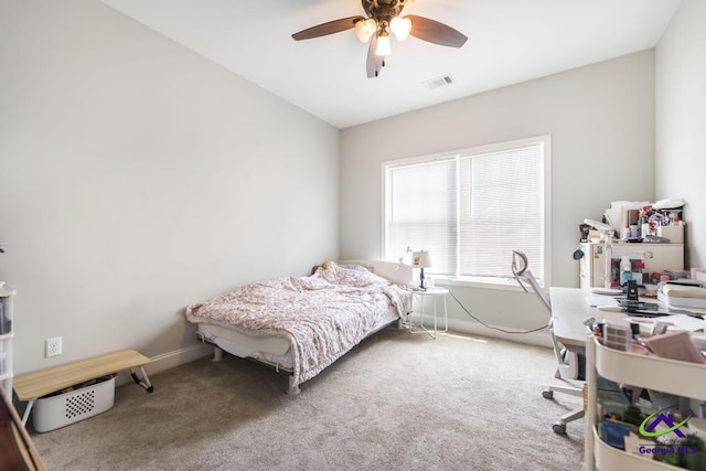 bedroom featuring visible vents, carpet, ceiling fan, and baseboards