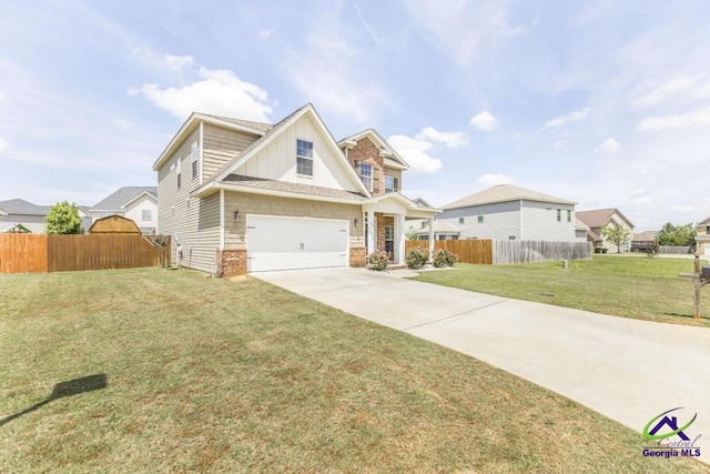 craftsman-style house featuring board and batten siding, a front yard, a garage, fence, and concrete driveway