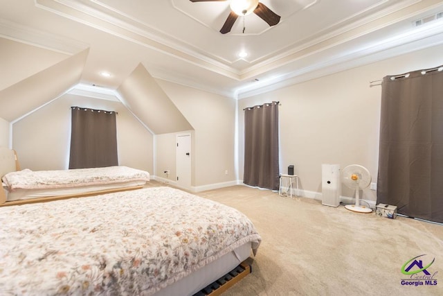 carpeted bedroom with ceiling fan, visible vents, baseboards, ornamental molding, and recessed lighting