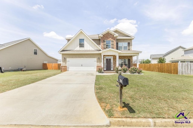 craftsman inspired home featuring board and batten siding, a garage, brick siding, fence, and concrete driveway