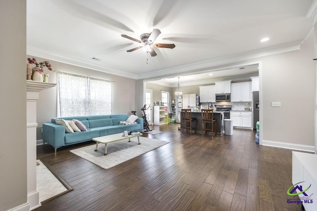 living area featuring crown molding, ceiling fan, baseboards, visible vents, and dark wood-style floors
