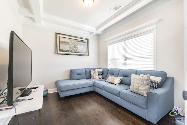 living area with visible vents, crown molding, dark wood-style floors, and beamed ceiling