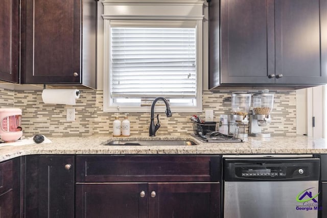 kitchen featuring stainless steel dishwasher, a sink, decorative backsplash, and dark brown cabinets