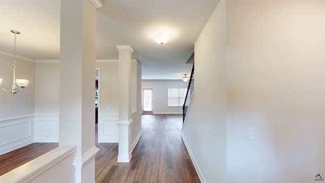 hall with crown molding, a chandelier, dark wood finished floors, and wainscoting