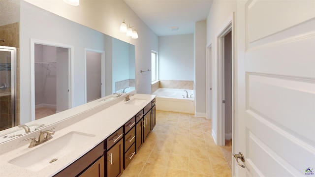 bathroom with double vanity, a sink, a walk in closet, and a shower stall