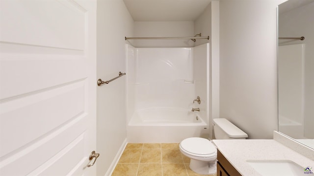 full bath featuring vanity, toilet, baseboards, tile patterned floors, and  shower combination