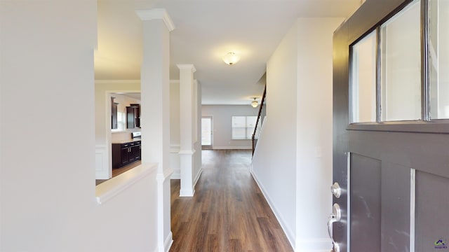 foyer entrance featuring crown molding, dark wood finished floors, and baseboards