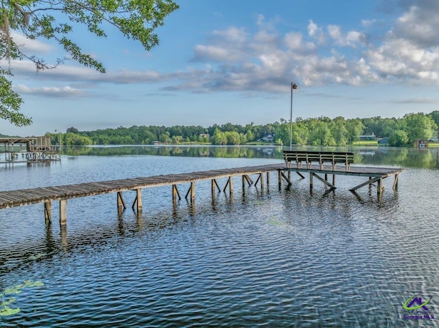 dock area with a water view and a forest view