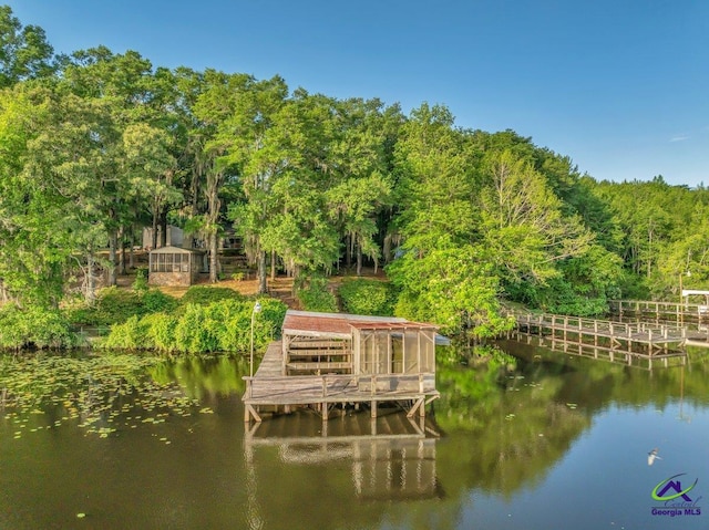 dock area with a water view and a forest view