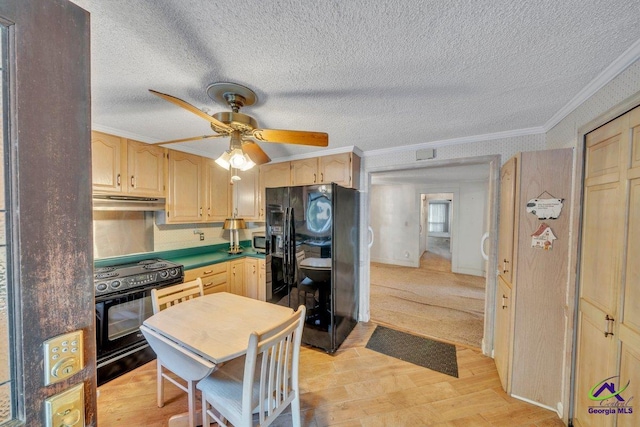 kitchen with ornamental molding, light brown cabinetry, and black appliances