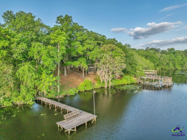 dock area featuring a water view and a wooded view