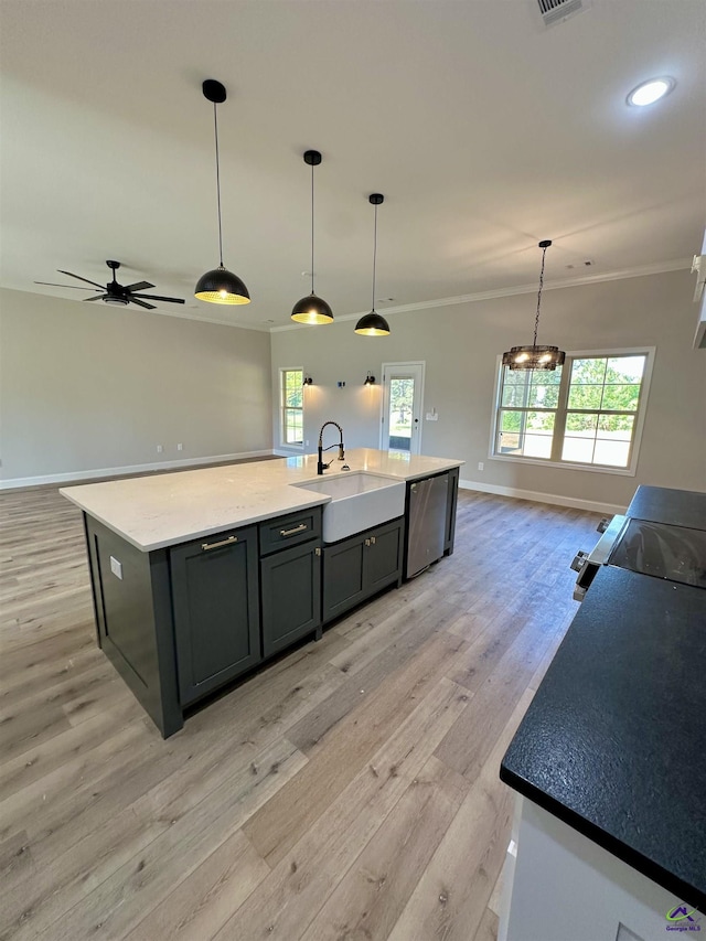 kitchen with light wood-style floors, a sink, dishwasher, and open floor plan