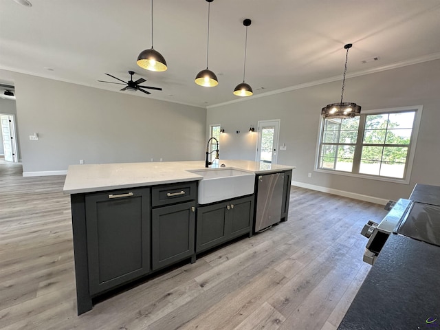 kitchen featuring stainless steel dishwasher, open floor plan, and a sink