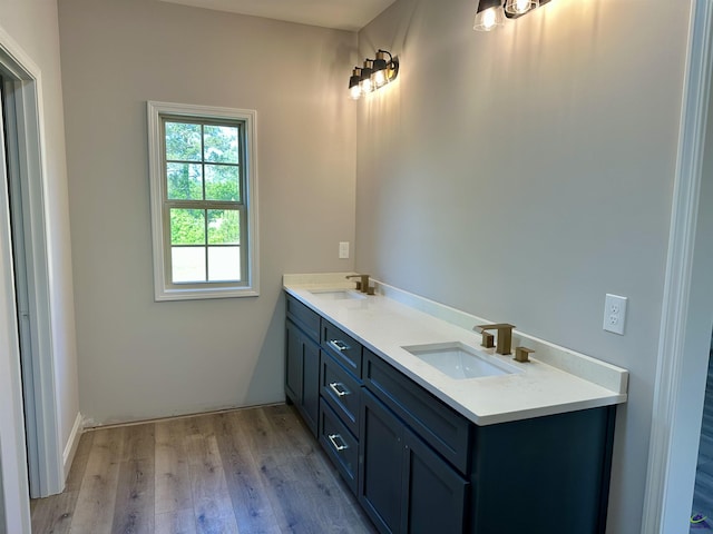 bathroom featuring double vanity, a sink, and wood finished floors
