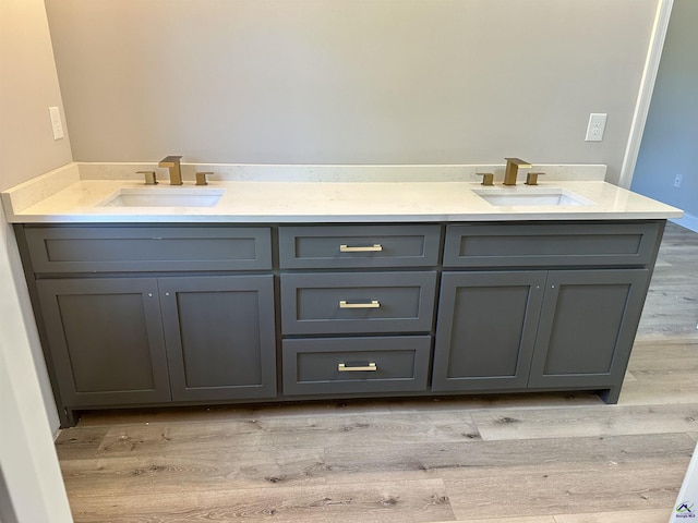 full bath featuring a sink, double vanity, and wood finished floors