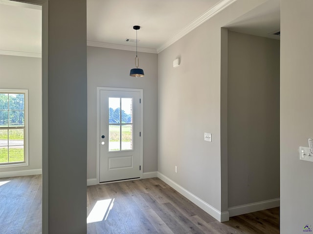 doorway to outside featuring plenty of natural light, ornamental molding, and wood finished floors