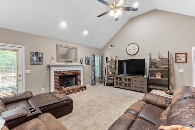 living area with a ceiling fan, visible vents, a fireplace, carpet floors, and recessed lighting