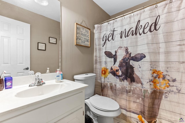 bathroom featuring vanity, curtained shower, and toilet