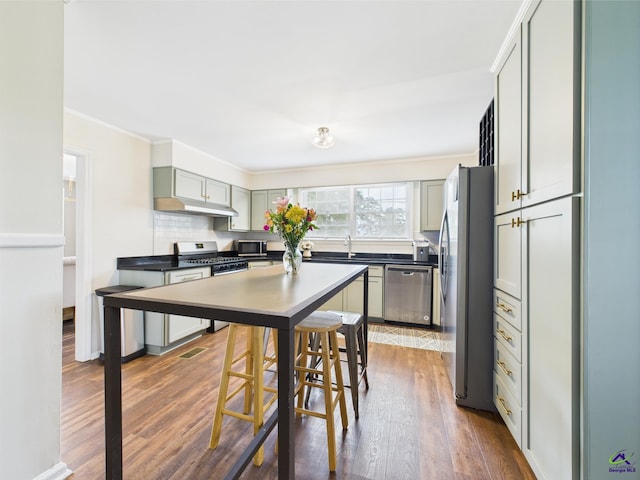 kitchen with crown molding, dark wood-style floors, tasteful backsplash, a sink, and stainless steel appliances