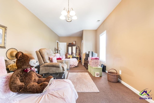 bedroom featuring baseboards, an inviting chandelier, carpet, and visible vents