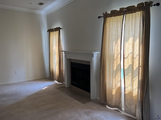 113 Easy St, Dublin, GA 31021 - unfurnished living room with carpet floors, ornamental molding, a fireplace with flush hearth, and baseboards
