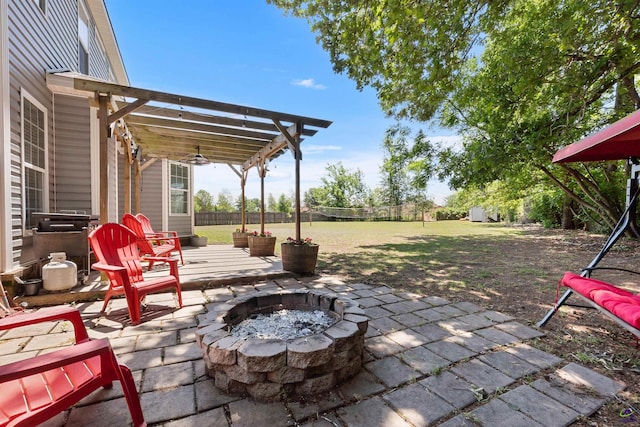 view of patio / terrace with a fire pit and fence