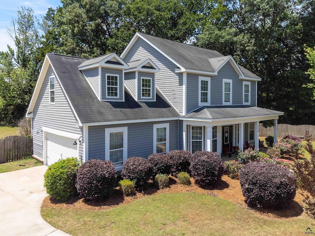 view of front of home with concrete driveway, a porch, fence, and a garage